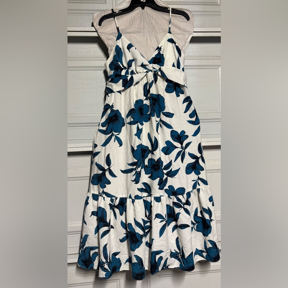Banana Republic White Midi Dress with Teal Floral Print